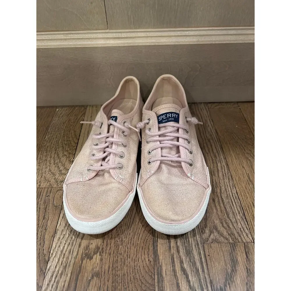 Sperry Top Sider Crest Vibe Rose Gold Shimmer Sneakers 5 Preppy Coastal Summer
